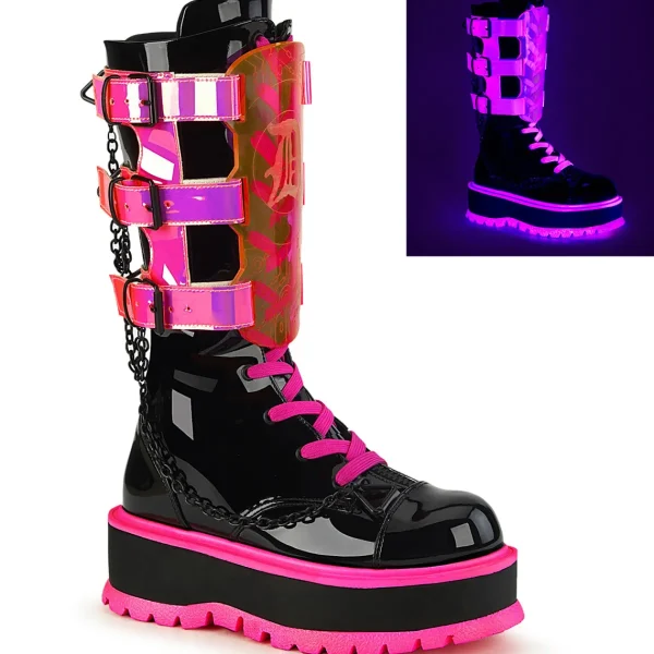 Best Sale Demonia Cult Slacker-156 Black Patent-Uv Neon Pink